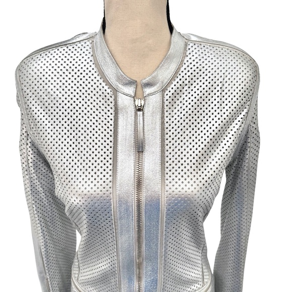 ROBERTO CAVALLI SILVER PERFORATED LEATHER FITTED FULL ZIP JACKET - WAS ALTERED - Picture 2 of 16